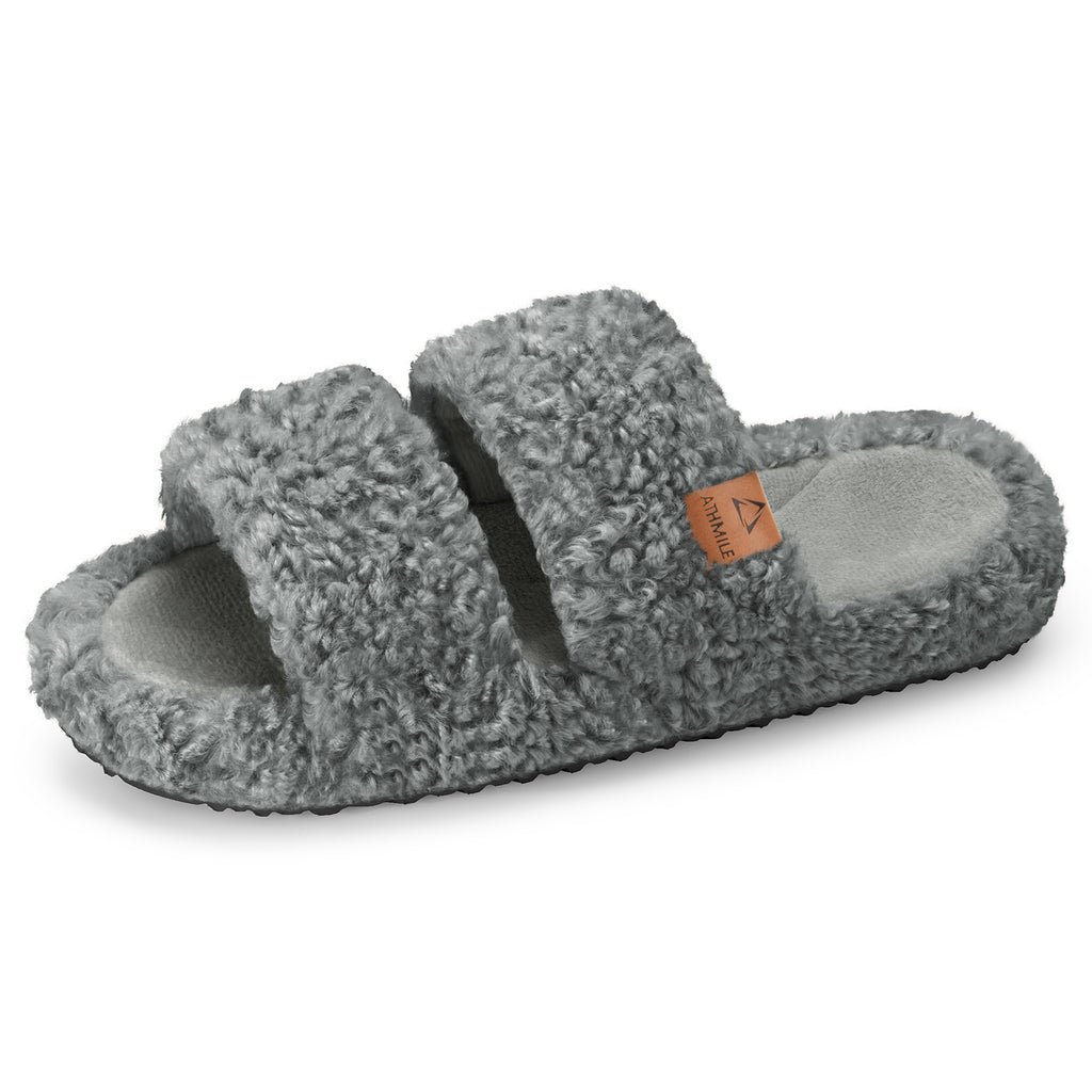 ATHMILE Womens Slippers Lightweight Arch Support Open-Toe Fuzzy House Slippers for Women Cozy Memory Foam Indoor Outdoor Double-Strap Design