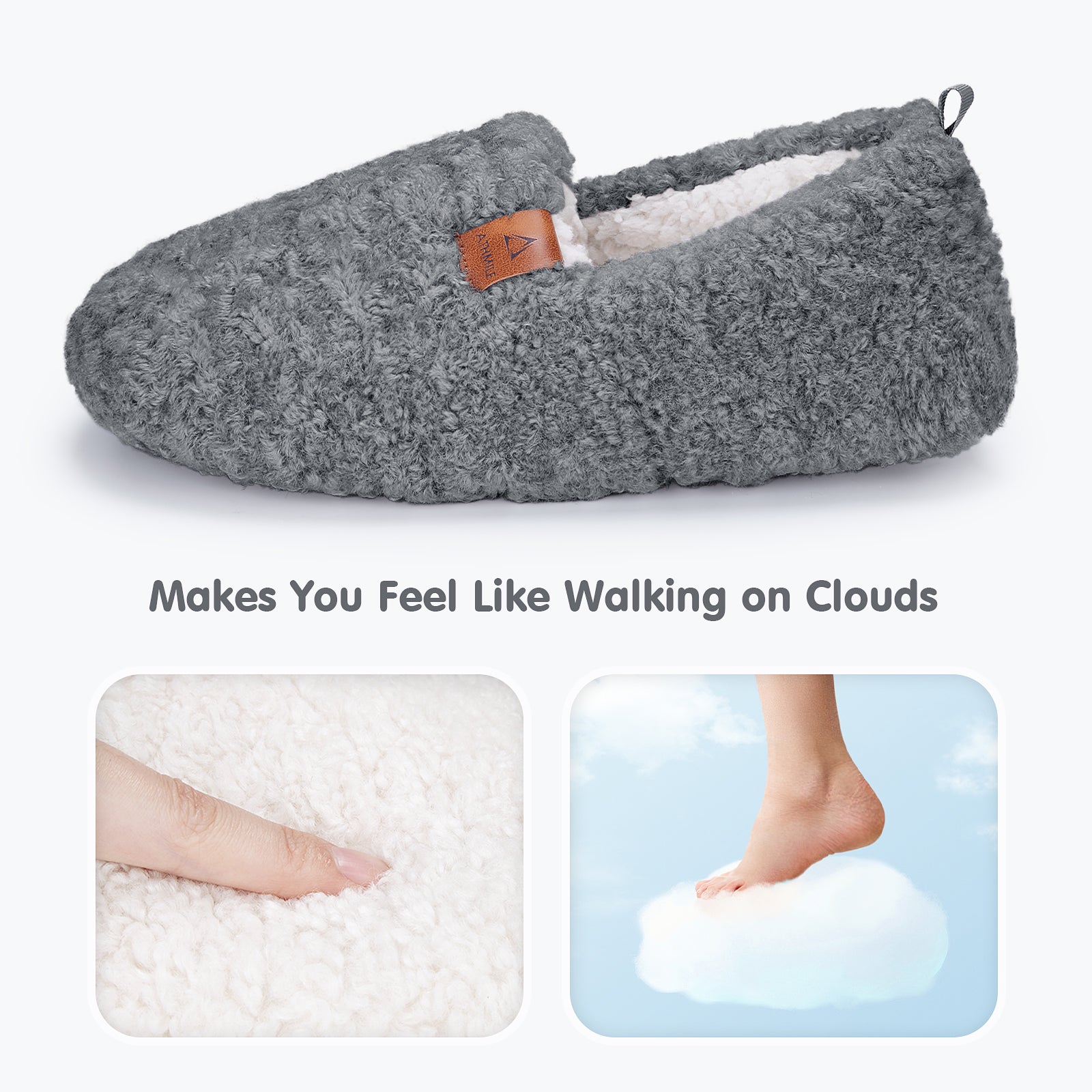 ATHMILE Fuzzy Slippers for Women House Slippers Memory Foam Curly Loafer with Polar Fleece Lining Indoor Outdoor Grey