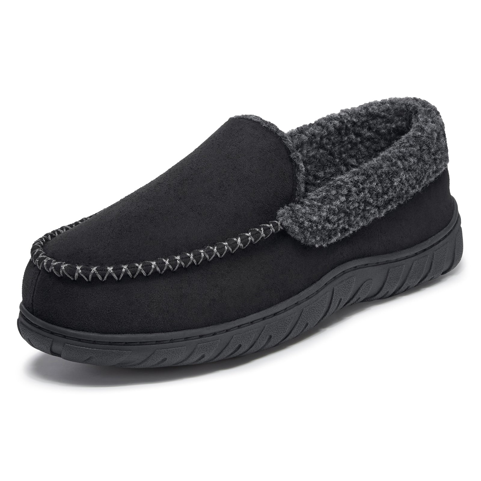 Men's Moccasin House Slippers, Memory Foam Arch Support,  Plush Fuzzy Lining, Non-Slip Rubber Sole for Indoor/Outdoor Winter Comfort