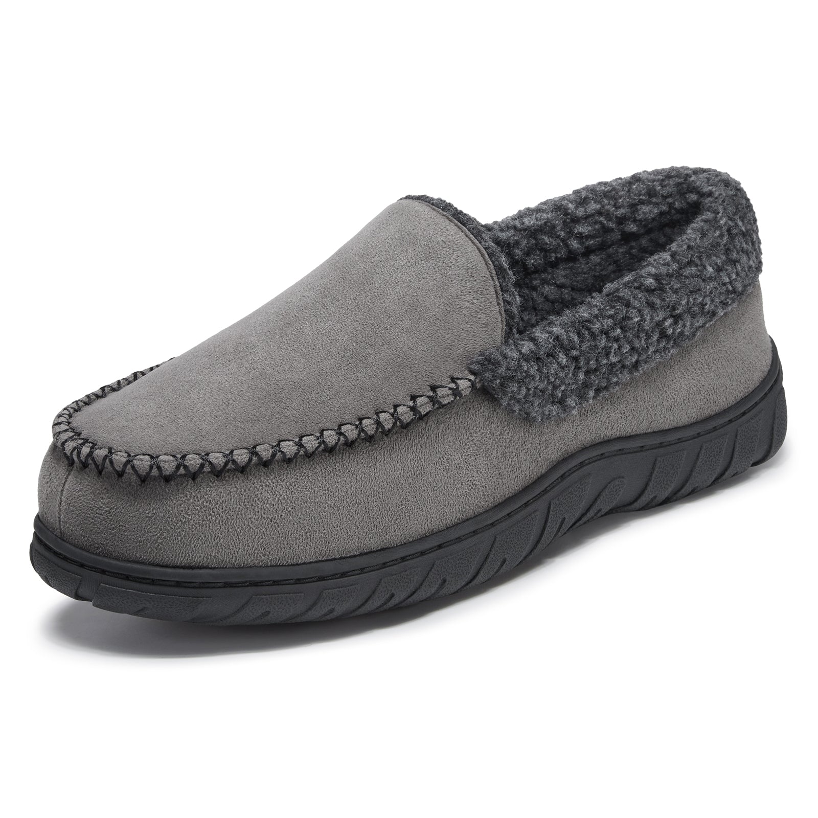 Men's Moccasin House Slippers, Memory Foam Arch Support,  Plush Fuzzy Lining, Non-Slip Rubber Sole for Indoor/Outdoor Winter Comfort