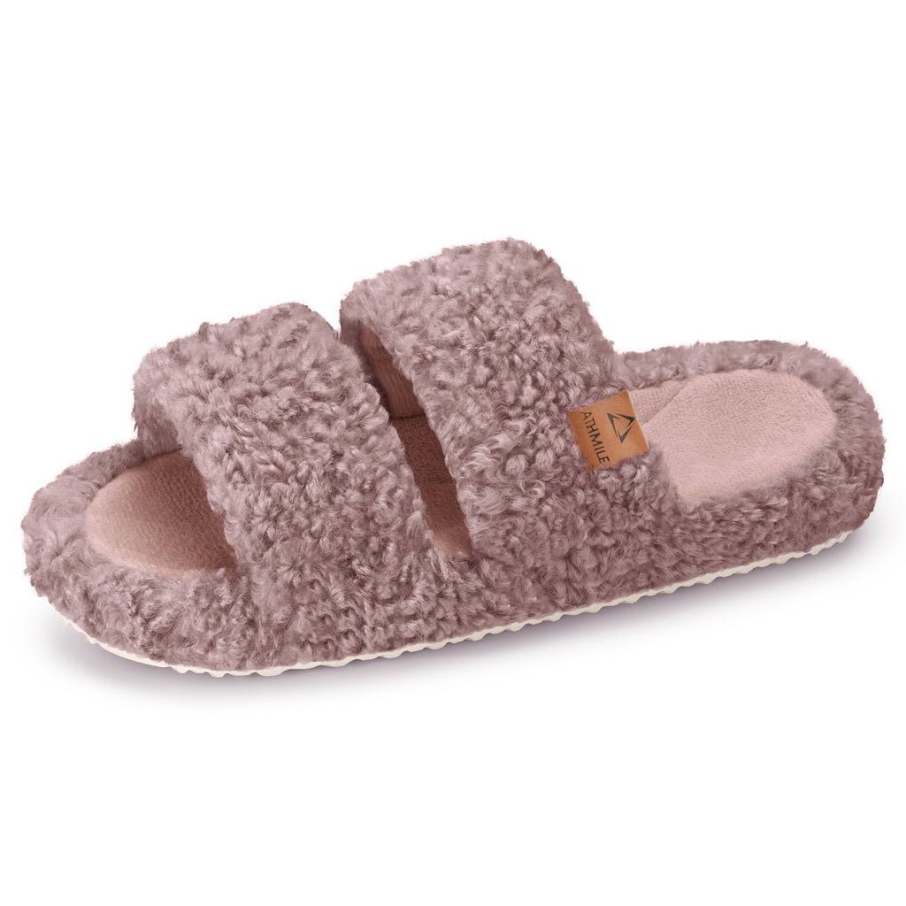 ATHMILE Womens Slippers Lightweight Arch Support Open-Toe Fuzzy House Slippers for Women Cozy Memory Foam Indoor Outdoor Double-Strap Design
