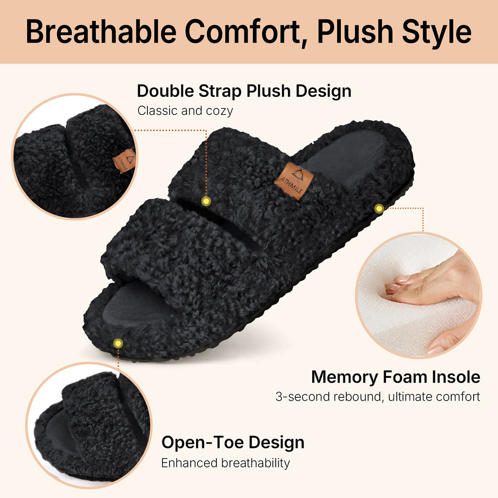 ATHMILE Womens Slippers Lightweight Arch Support Open-Toe Fuzzy House Slippers for Women Cozy Memory Foam Indoor Outdoor Double-Strap Design