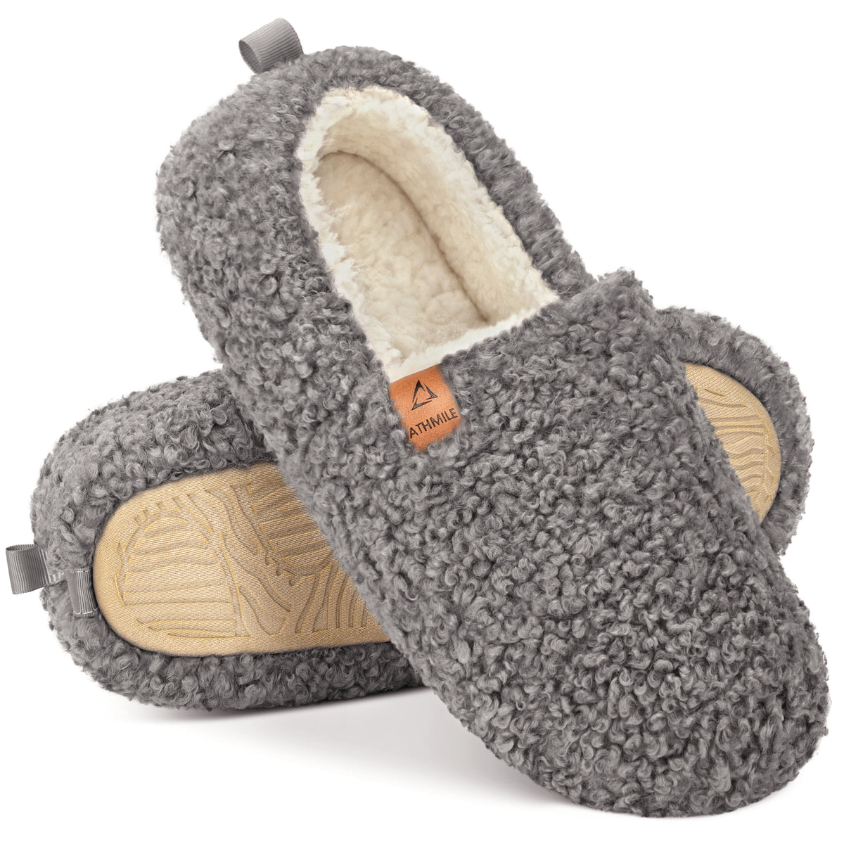 ATHMILE Fuzzy Slippers for Women House Slippers Memory Foam Curly Loafer with Polar Fleece Lining Indoor Outdoor Grey