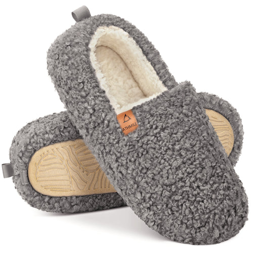 ATHMILE Fuzzy Slippers for Women House Slippers Memory Foam Curly Loafer with Polar Fleece Lining Indoor Outdoor Grey