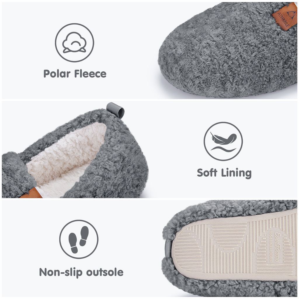 ATHMILE Fuzzy Slippers for Women House Slippers Memory Foam Curly Loafer with Polar Fleece Lining Indoor Outdoor Grey