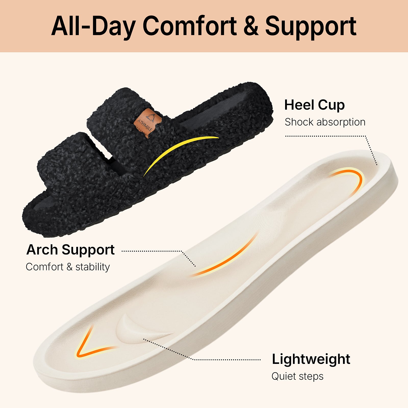 ATHMILE Womens Slippers Lightweight Arch Support Open-Toe Fuzzy House Slippers for Women Cozy Memory Foam Indoor Outdoor Double-Strap Design