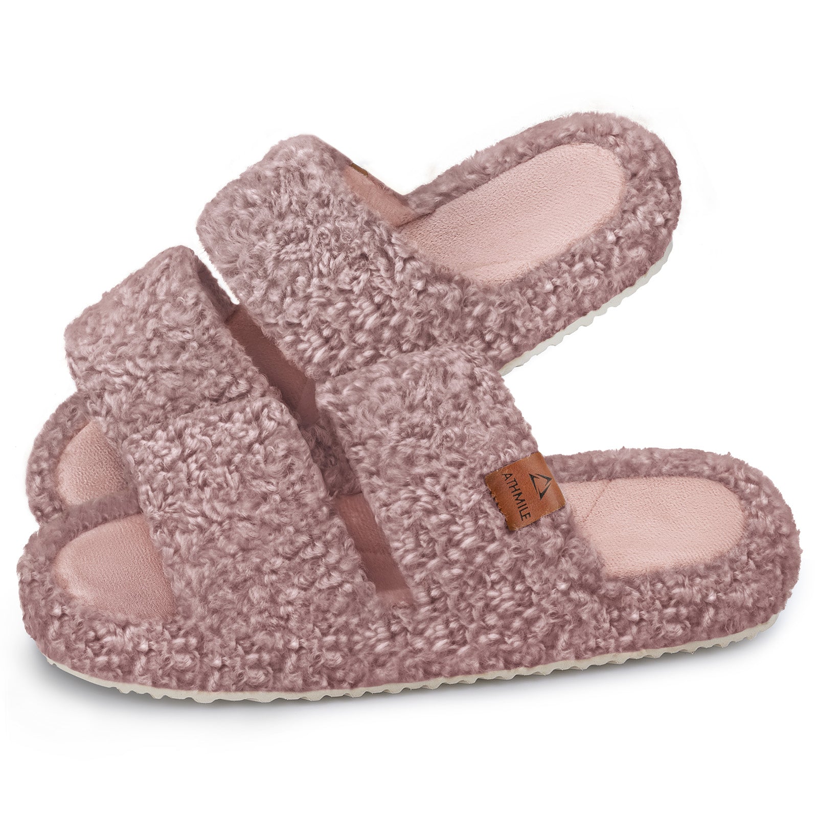 ATHMILE Womens Slippers Lightweight Arch Support Open-Toe Fuzzy House Slippers for Women Cozy Memory Foam Indoor Outdoor Double-Strap Design