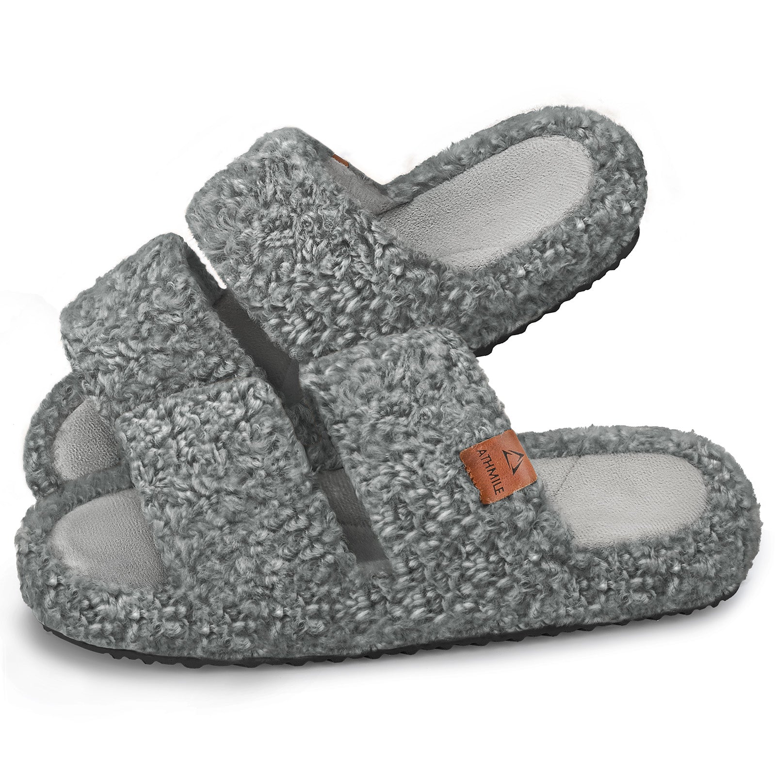 ATHMILE Womens Slippers Lightweight Arch Support Open-Toe Fuzzy House Slippers for Women Cozy Memory Foam Indoor Outdoor Double-Strap Design