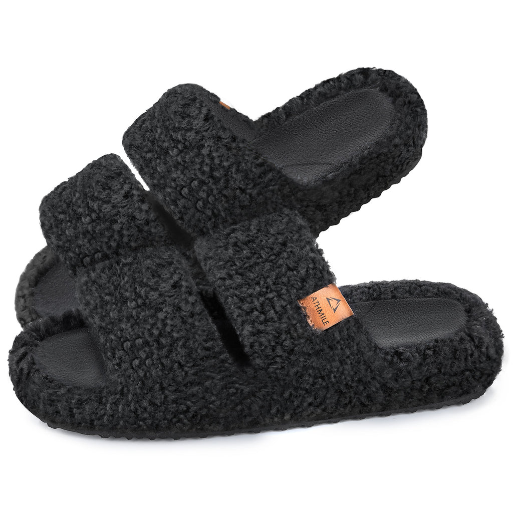 ATHMILE Womens Slippers Lightweight Arch Support Open-Toe Fuzzy House Slippers for Women Cozy Memory Foam Indoor Outdoor Double-Strap Design