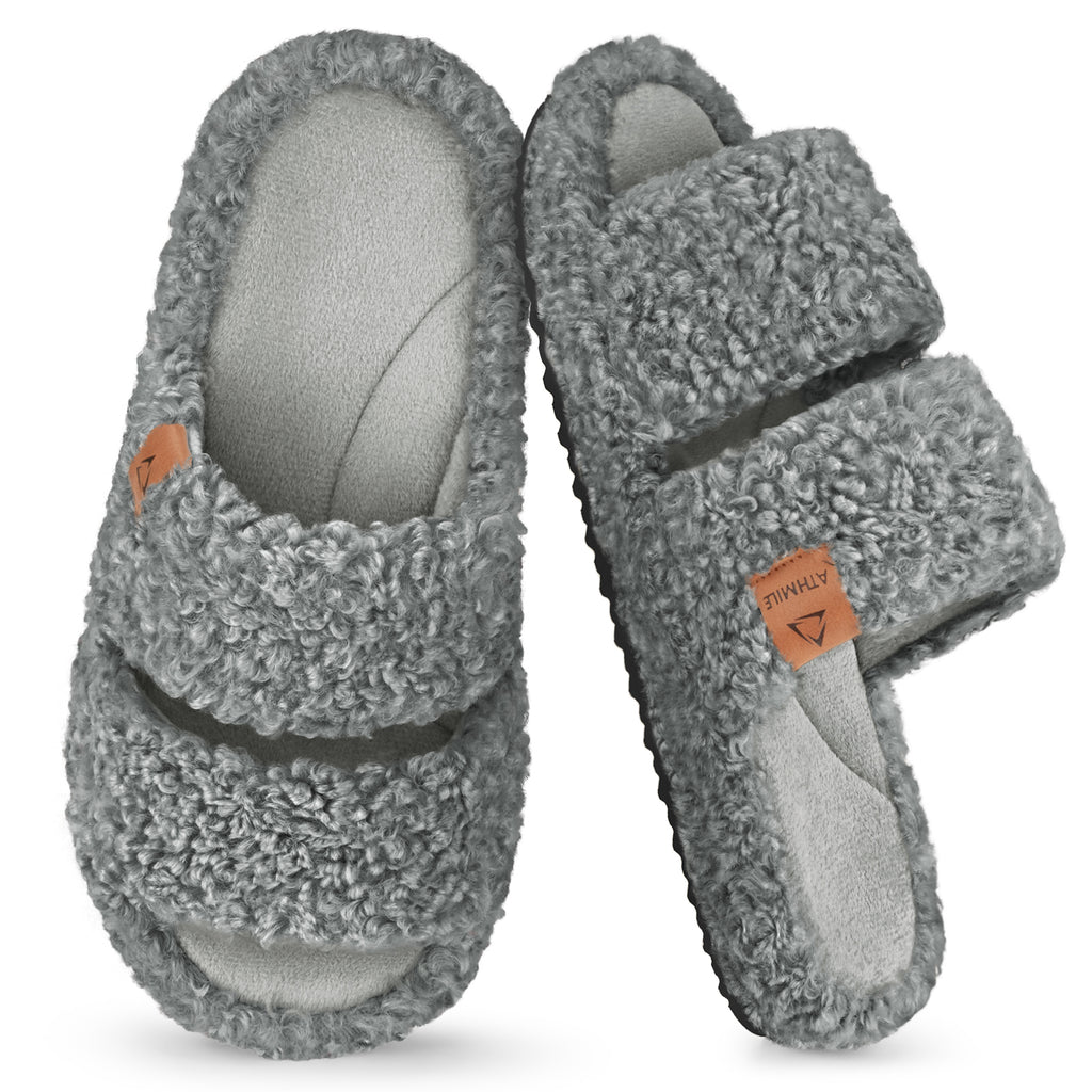 ATHMILE Womens Slippers Lightweight Arch Support Open-Toe Fuzzy House Slippers for Women Cozy Memory Foam Indoor Outdoor Double-Strap Design