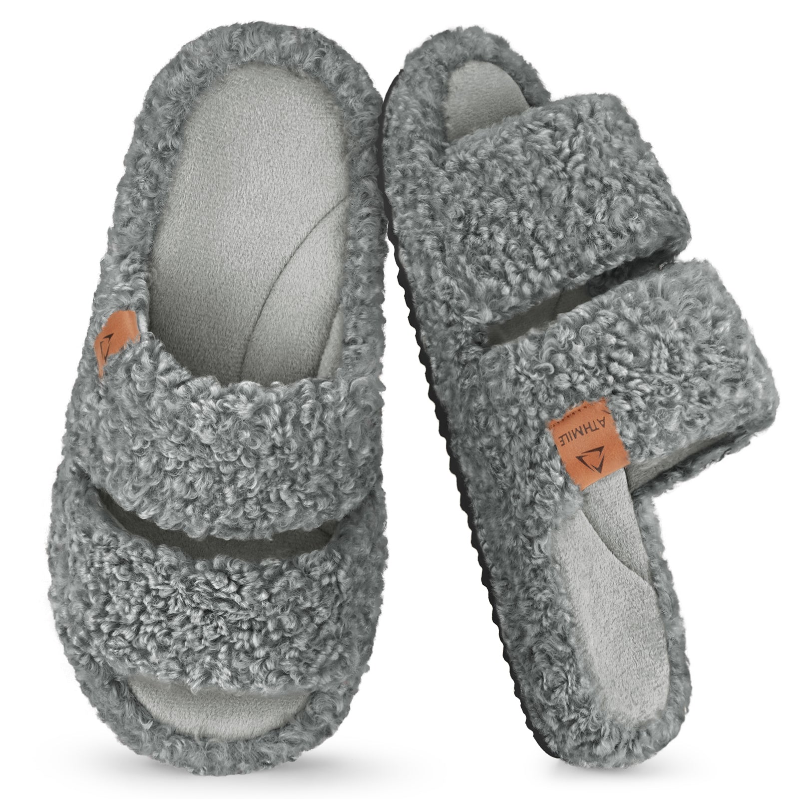 ATHMILE Womens Slippers Lightweight Arch Support Open-Toe Fuzzy House Slippers for Women Cozy Memory Foam Indoor Outdoor Double-Strap Design
