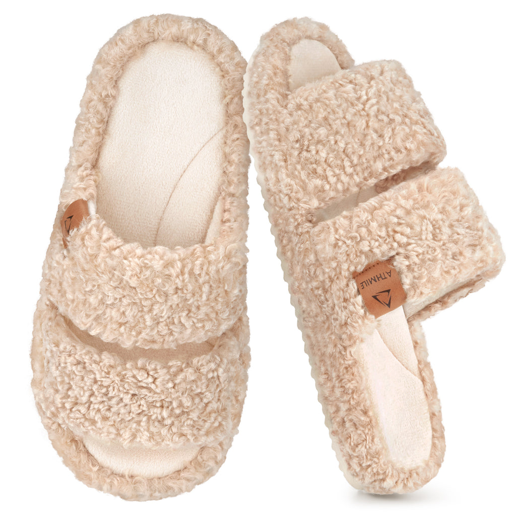ATHMILE Womens Slippers Lightweight Arch Support Open-Toe Fuzzy House Slippers for Women Cozy Memory Foam Indoor Outdoor Double-Strap Design
