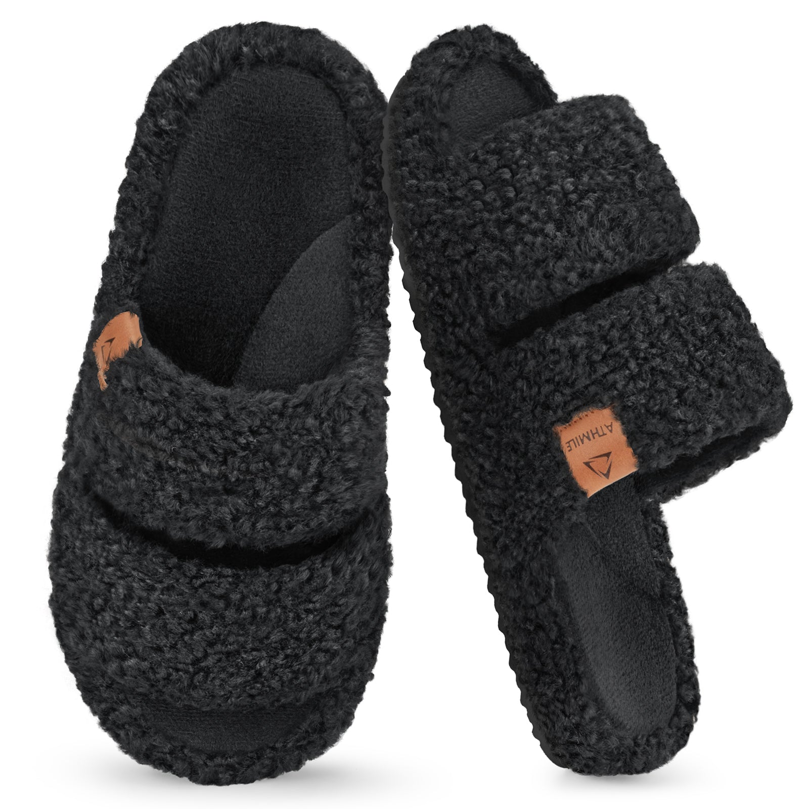 ATHMILE Womens Slippers Lightweight Arch Support Open-Toe Fuzzy House Slippers for Women Cozy Memory Foam Indoor Outdoor Double-Strap Design