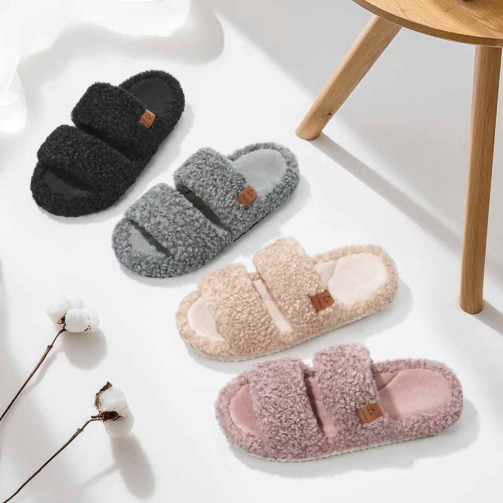 ATHMILE Womens Slippers Lightweight Arch Support Open-Toe Fuzzy House Slippers for Women Cozy Memory Foam Indoor Outdoor Double-Strap Design