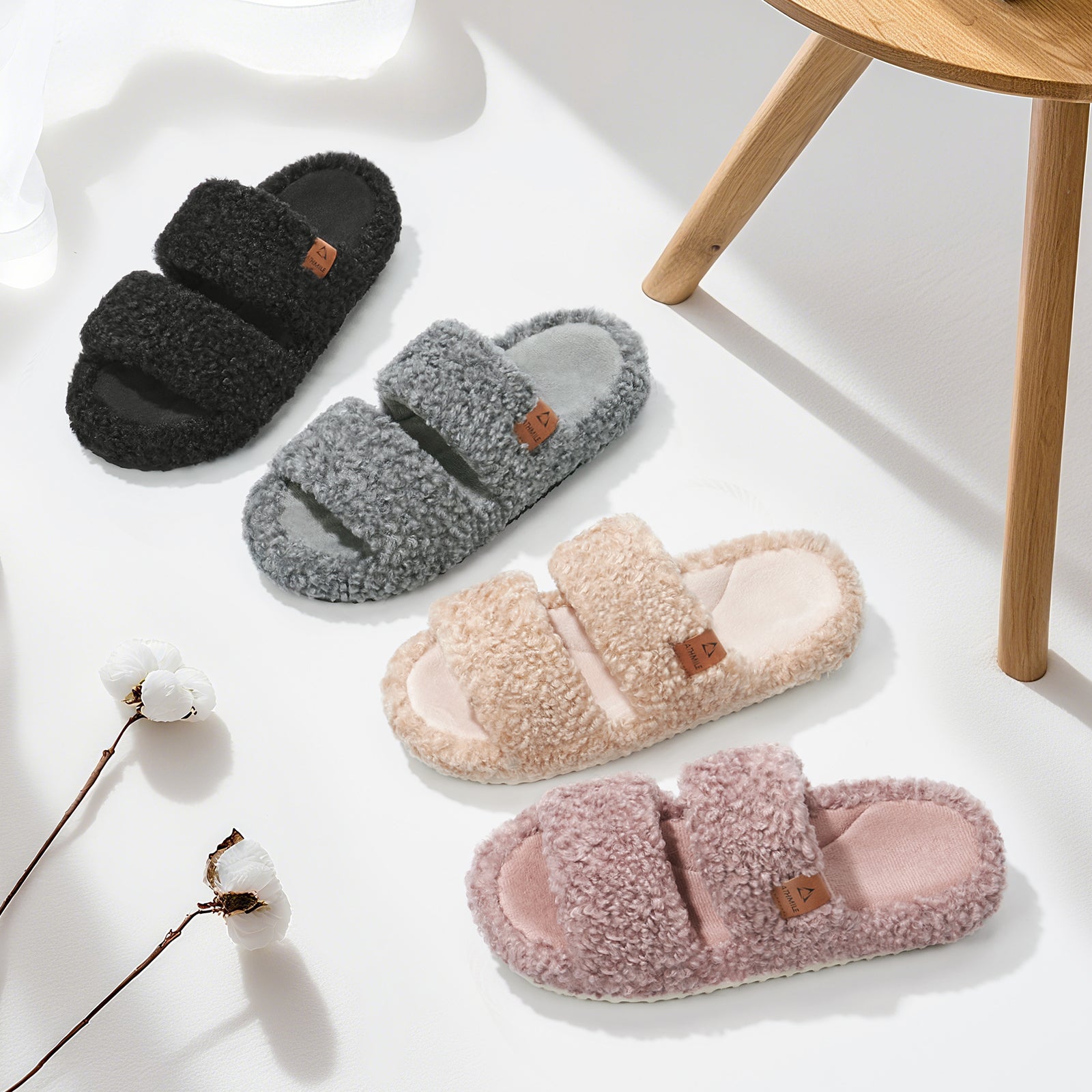 ATHMILE Womens Slippers Lightweight Arch Support Open-Toe Fuzzy House Slippers for Women Cozy Memory Foam Indoor Outdoor Double-Strap Design