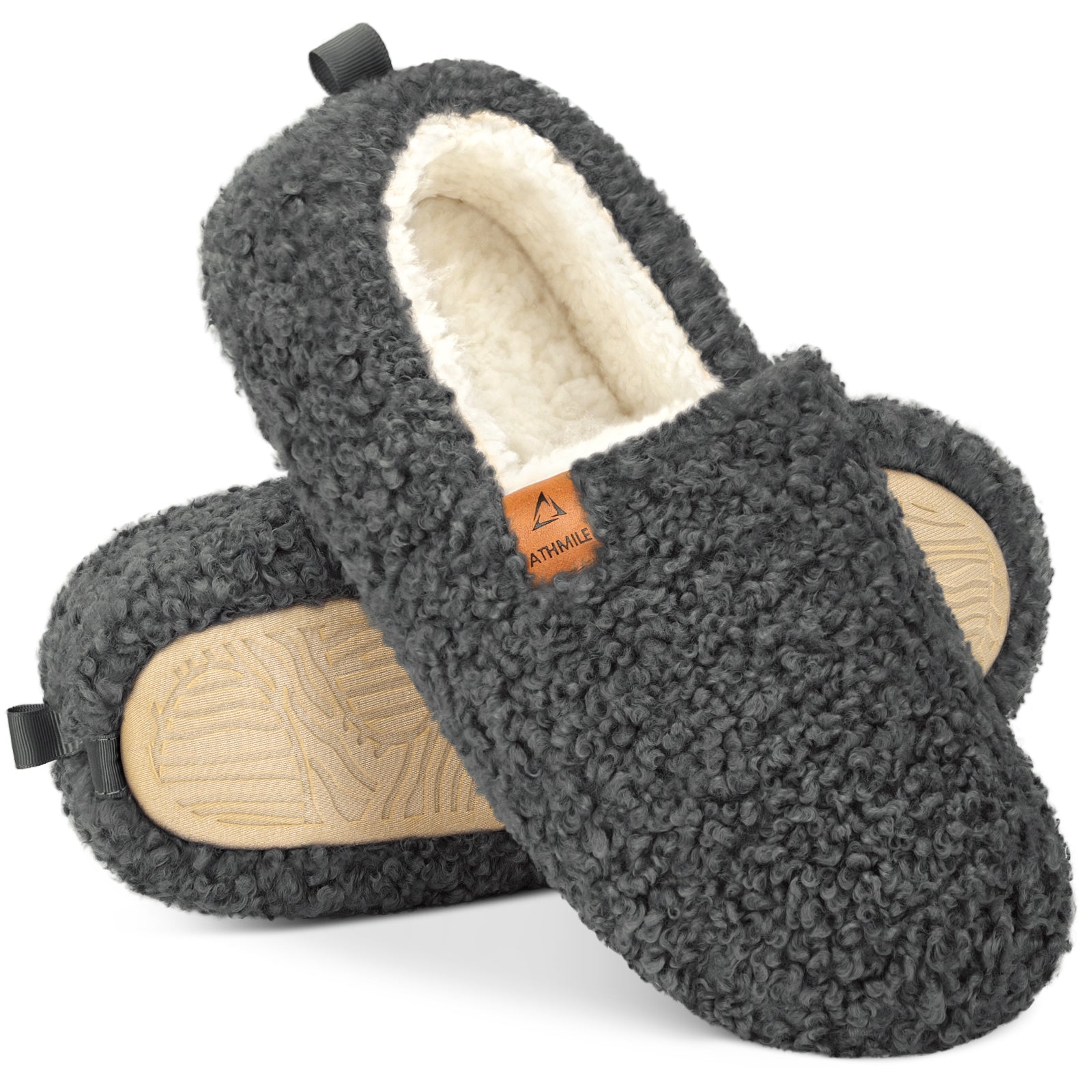 ATHMILE Fuzzy Slippers for Women House Slippers Memory Foam Curly Loafer with Polar Fleece Lining Indoor Outdoor Grey