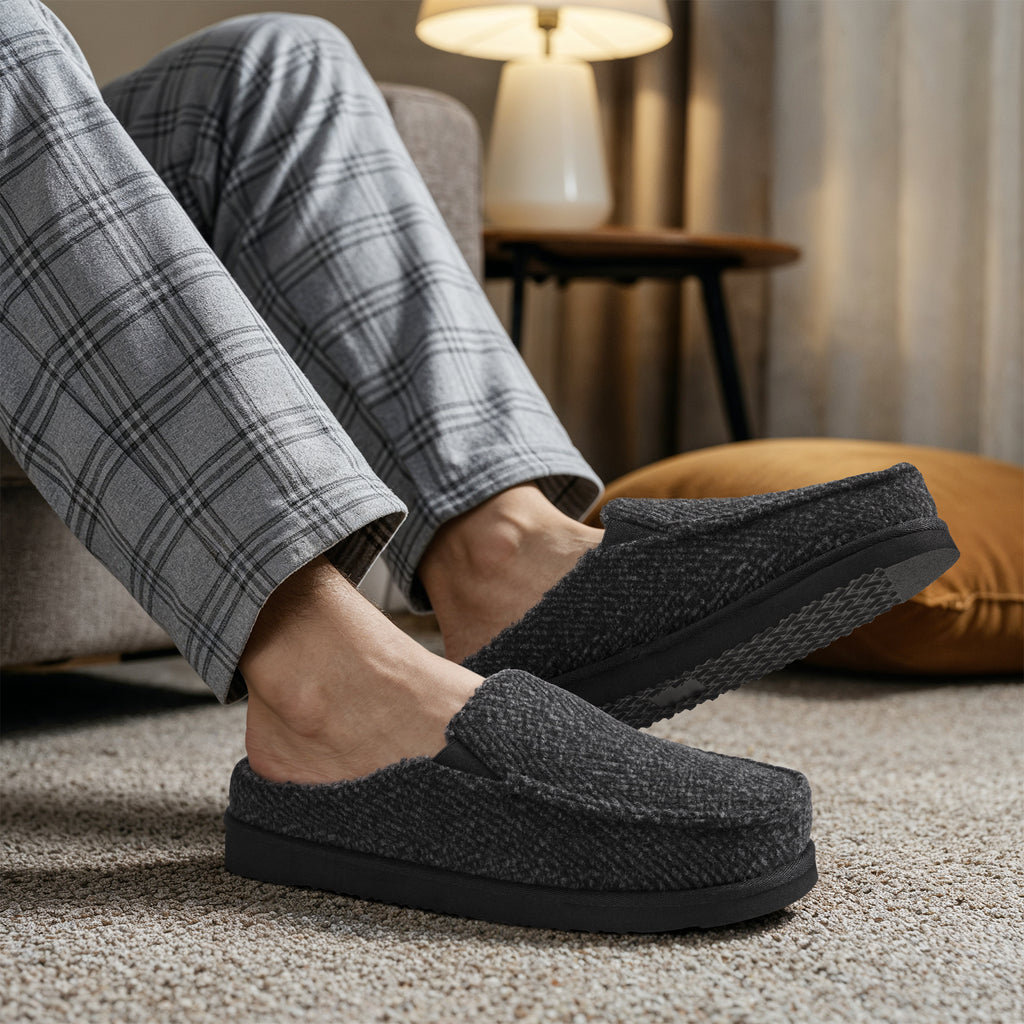 ATHMILE Mens Moccasins House Slippers Slip-on House Shoes with Warm Furry Faux Fur Cotton-Blend High-Density Memory Foam Non-Slip Sole for Indoor Outdoor