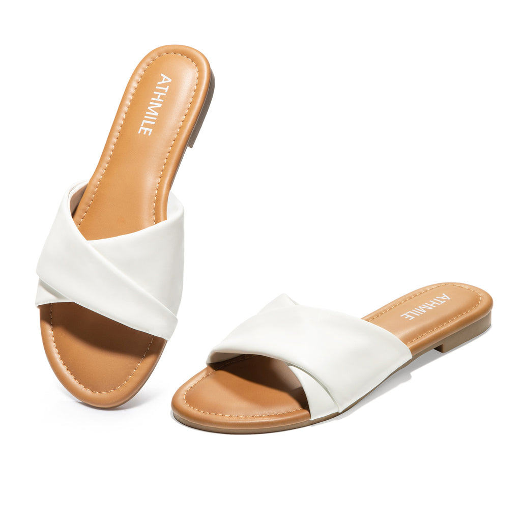 ATHMILE Sandals Women Dressy Summer Flat Comfortable Fashion Beach Cute Ladies Slides Leather Casual Dress Women's Sandals 2025 Size 6-11