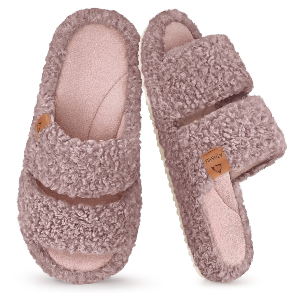 ATHMILE Womens Slippers Lightweight Arch Support Open-Toe Fuzzy House Slippers for Women Cozy Memory Foam Indoor Outdoor Double-Strap Design